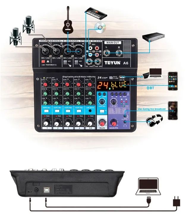 Mesa de Som Analógica TEYUN A6 USB/MP3/BLUETOOTH - MS0090 - Foto 3
