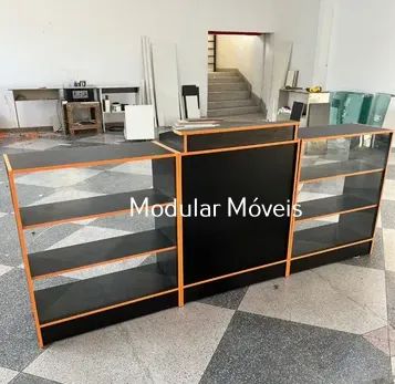Balcão Caixa + 2 Balcões Vitrine com Fitados Colorido - MDF Preto