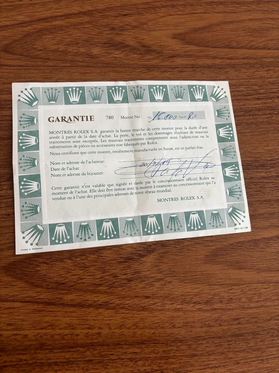 Certificado Rolex original Submariner 16800 1989 - Acessórios