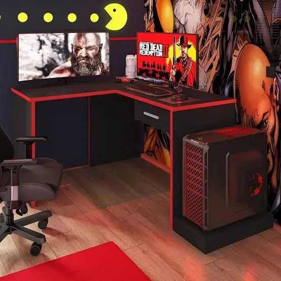 Mesa Gamer Preta com Detalhes Vermelhos