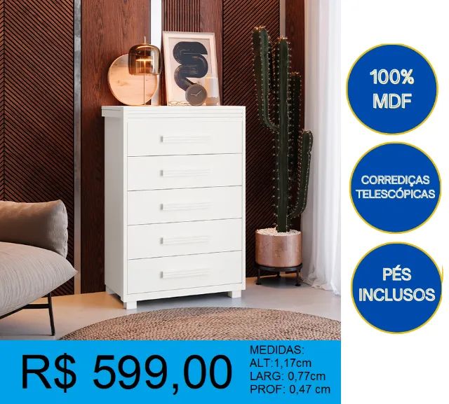 Comoda super reforçada 5 gavetas - entrega e montagem gratuita 
