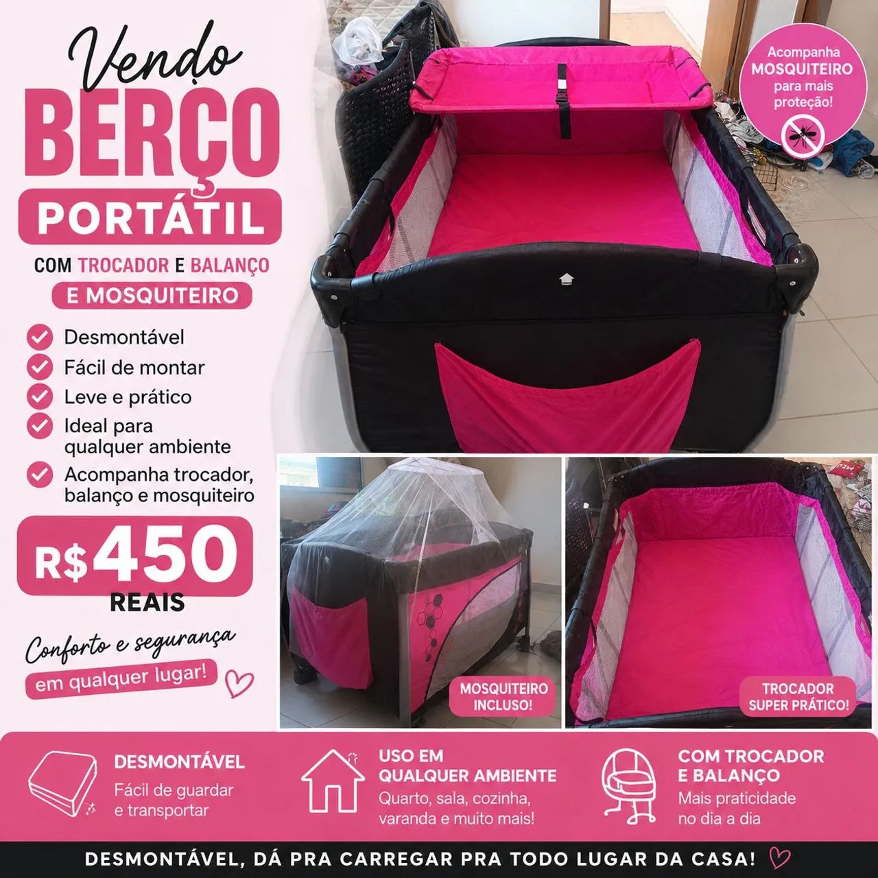 Berço portátil com trocador, mosquiteiro e balanço 