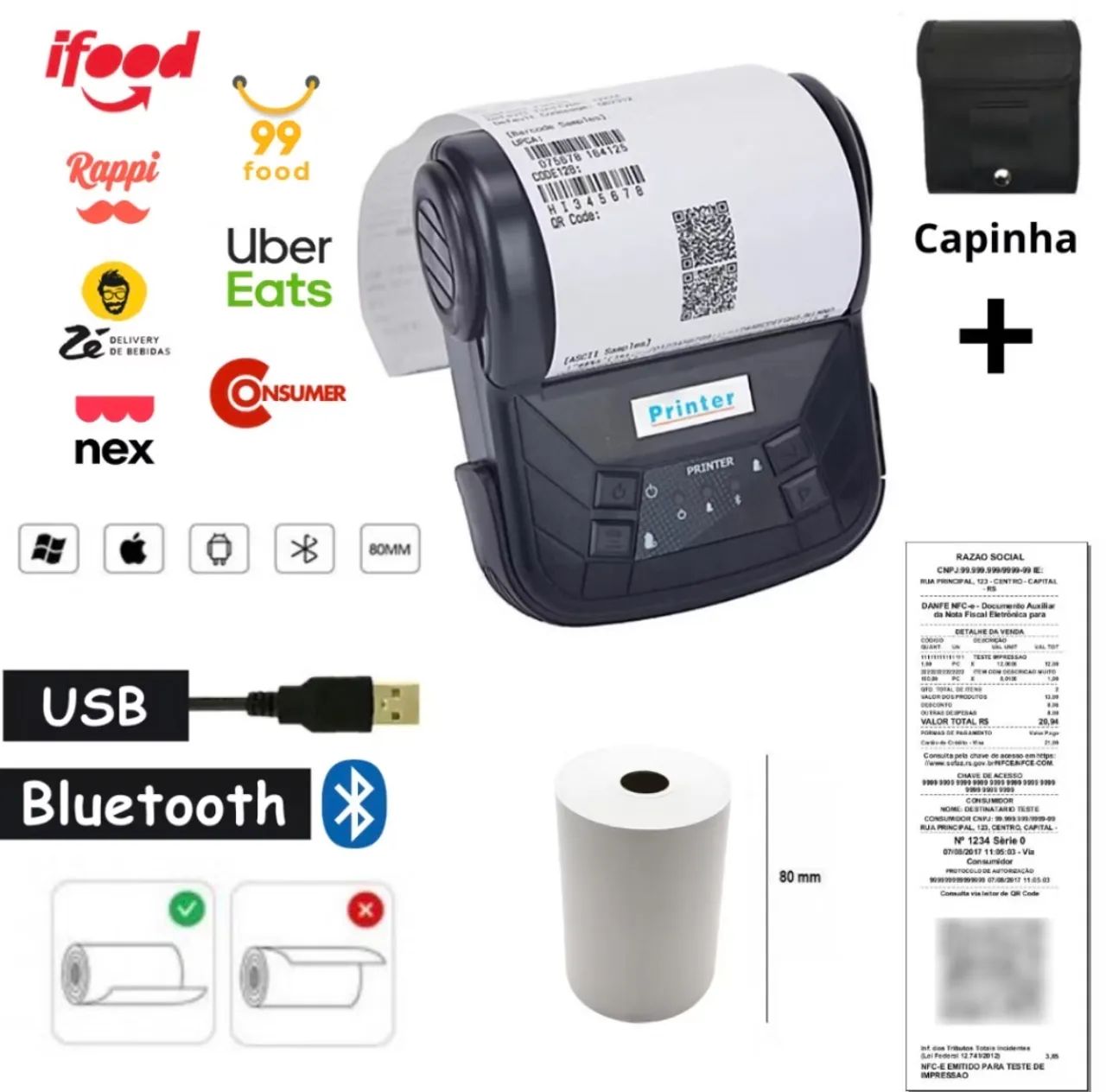 Mini Impressora Portátil Bluetooth Térmica 80mm PC Android iOs