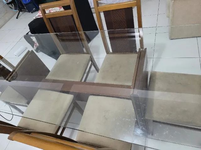 Mesa de jantar tampa de vidro 6 cadeiras