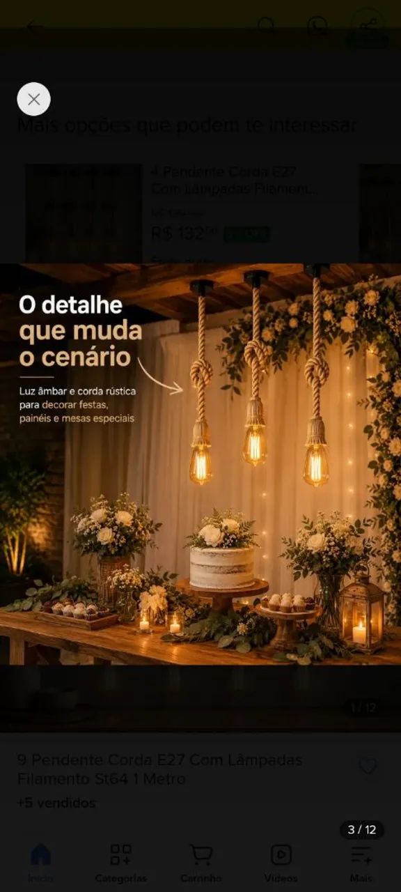 Pendente corda rústico com lâmpada st64 - Foto 5
