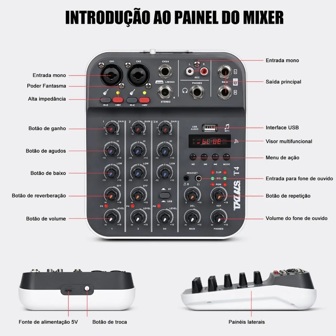 Mesa de Som 4 Canais Com Bluetooth e Pen Drive, Com Efeitos na Voz
