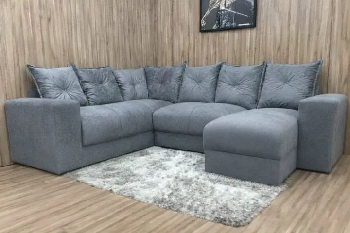Sofá de Canto Alice com Chaise Suede AL Móveis Cinza - Entrega Rápida! 