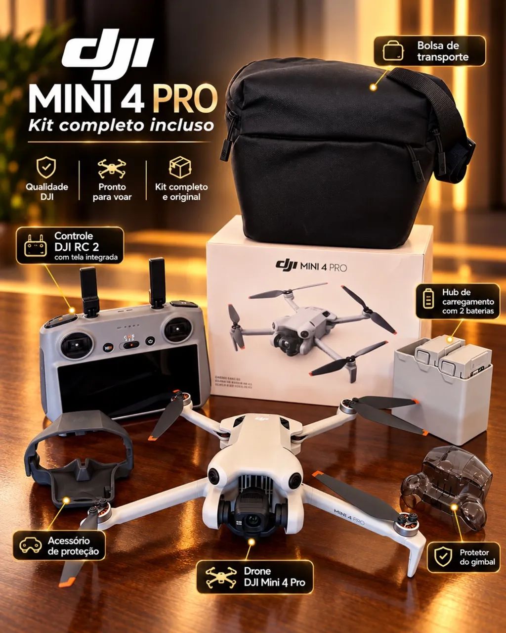 Drone DJI Mini 4 Pro 4K - Controle RC 2 com Tela + 2 Baterias Extras, Hub e Bolsa - Foto 2