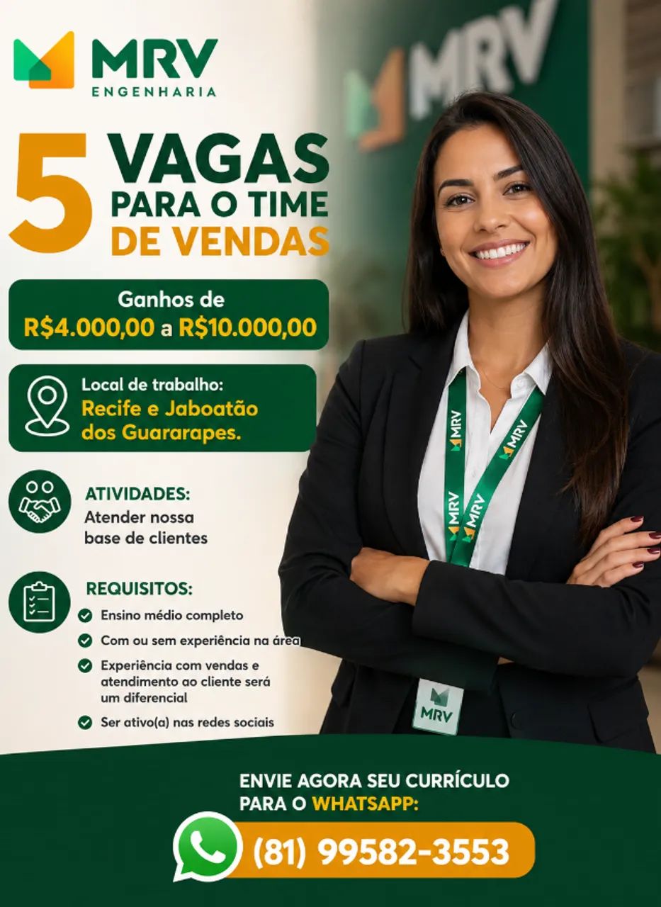 5 vagas para o nosso time de vendas