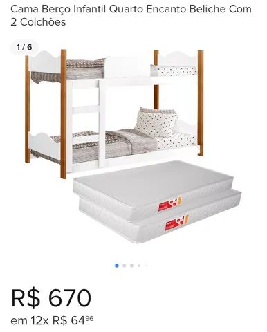 Cama Berço Infantil Quarto Encanto Beliche Com 2 Colchões