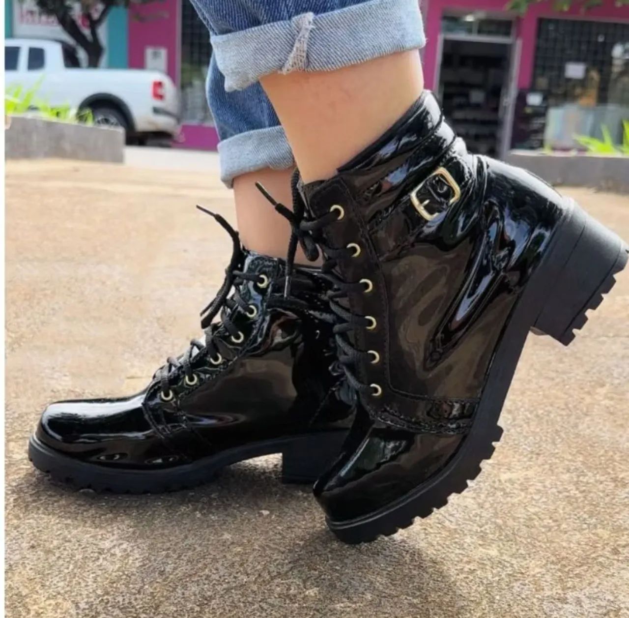 Bota Feminina Bota Envernizada Preta Bota Coturno Feminino