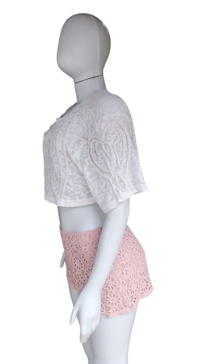 Conjunto Cropped Branco + Shorts Rosa Zara M - Foto 4
