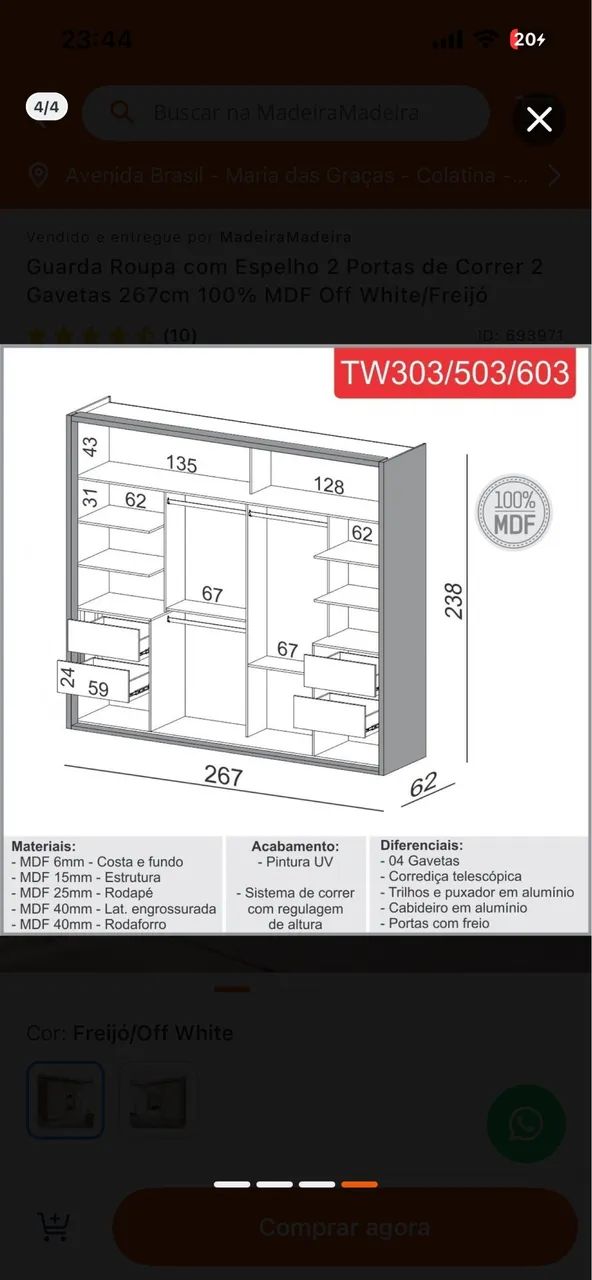 Guarda roupa com espelho 2 portas de correr 100% mdf 2,67 mt - Foto 4