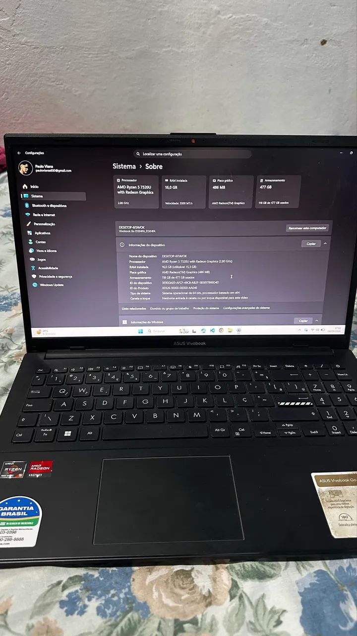 Notebook Asus Vivobook Go, Rayzen 5 7520U com 16g Ram, SSD 512