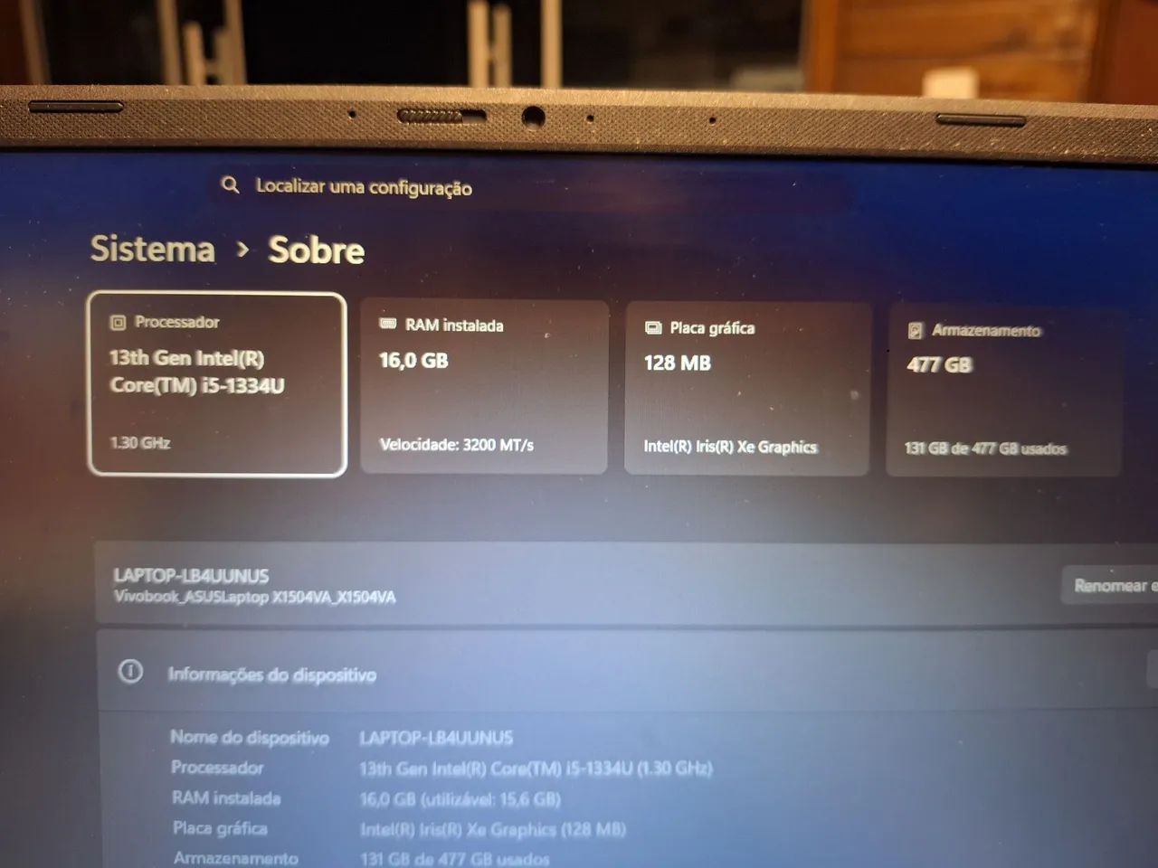 Asus Vivobook 15" - 16Gb RAM e 480SSD - NF e 1 ano de uso