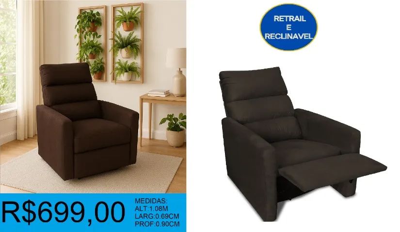 POLTRONA - RETRAIL E RECLINAVEL - DISPONIVEL EM 2 CORES = TEMOS PRONTA ENTREGA