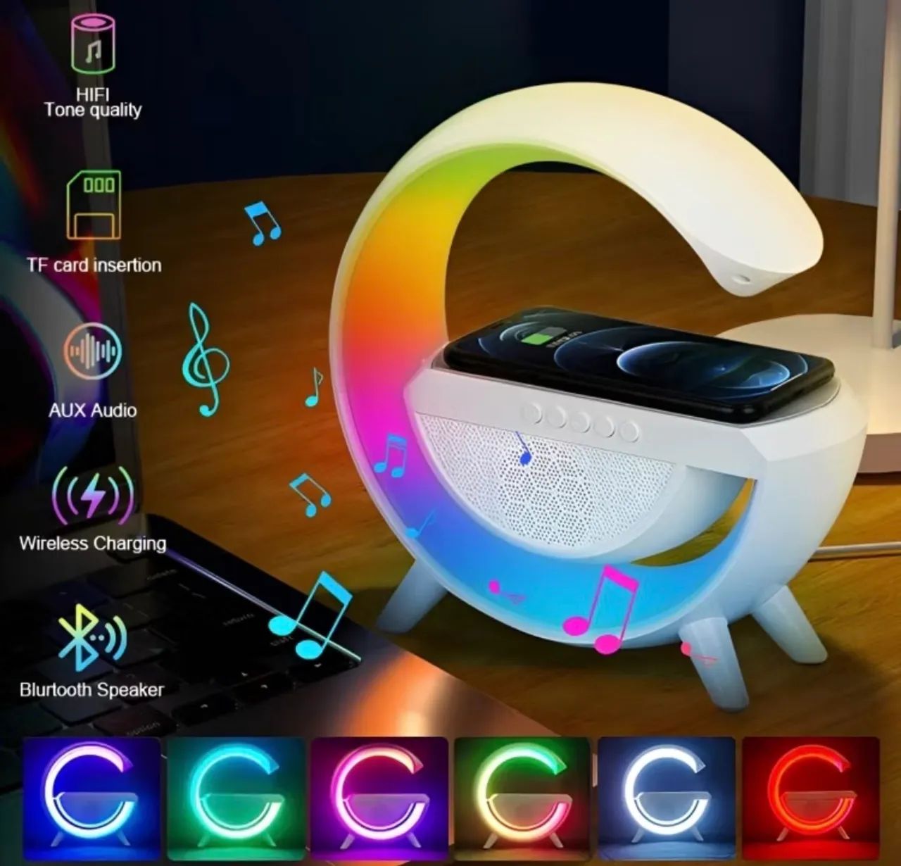 Caixa de Som Luminária LED RGB + Carregador por Indução G-Speaker