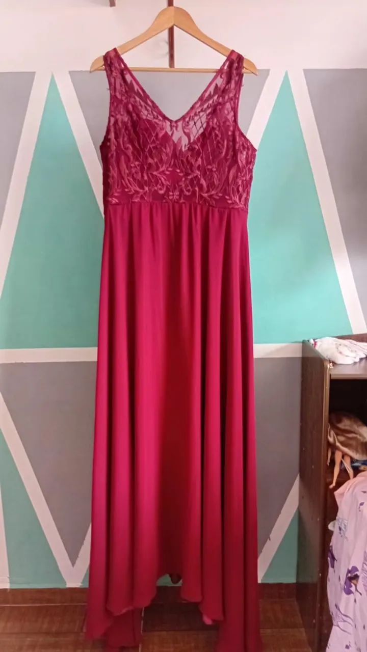 Vestido Festa Vinho Com Renda