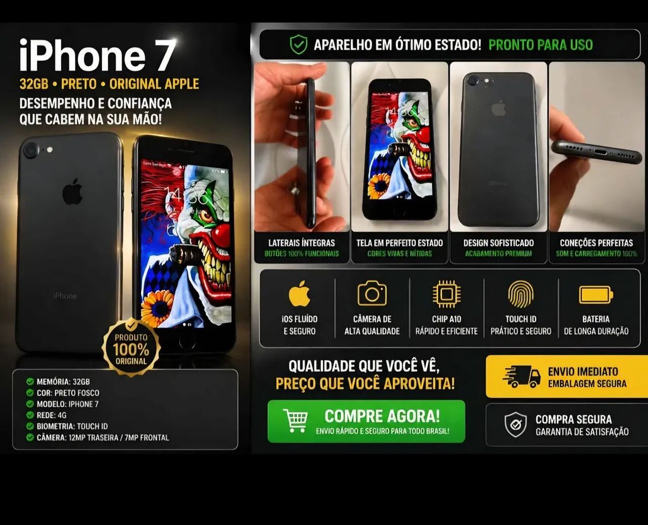 iPhone 7 Matte Black 32GB - Tela Perfeita e 100% Funcional