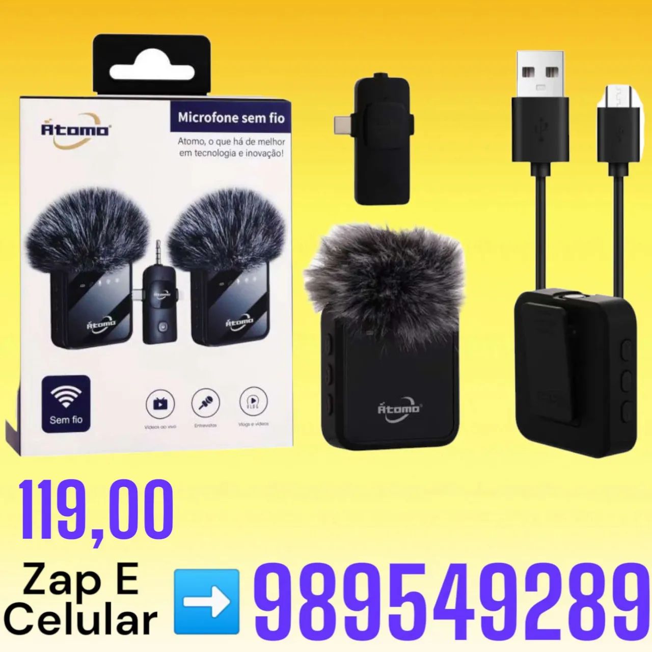 microfone de lapela duplo sem fio da marca Átomo,