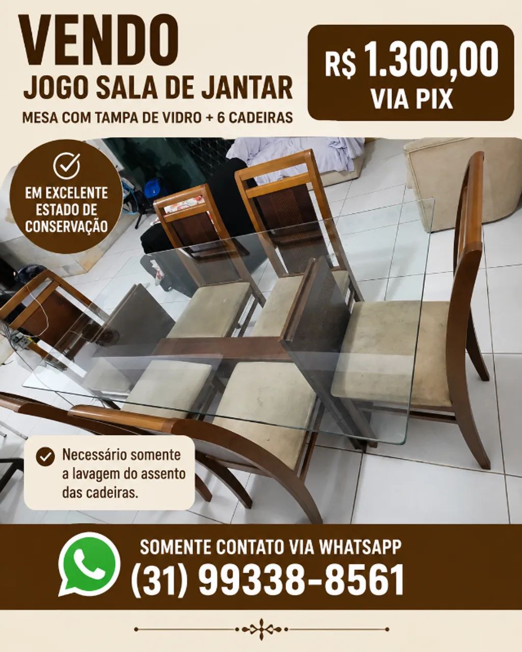Mesa de jantar tampa de vidro 6 cadeiras - Foto 2