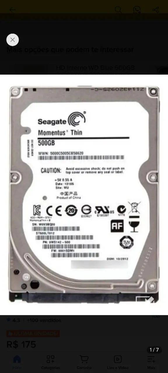 HD Notebook 2.5 Pol Seagate 