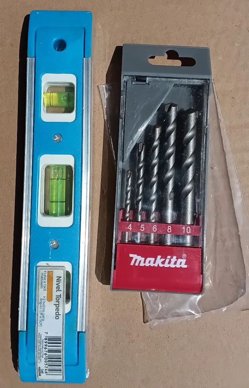 Jogo de Brocas para Concreto 4 a 10mm Makita D-03894 e Nível Torpedo 9 polegadas 