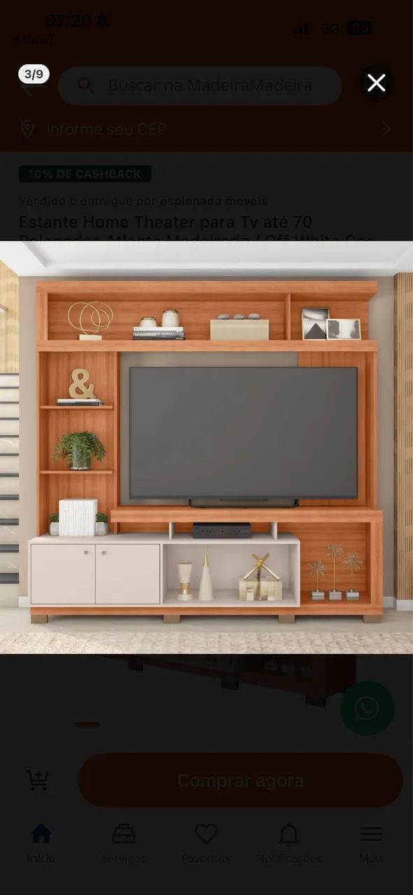 Estante Home Theater para TV até 70 Polegadas Atlanta Madeirado / Off White Caemmun