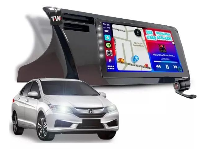 Multimídia Octacore 9 Pol. Carplay/A. Auto S/ Fio Slot Chip 4G 4Gb/64Gb City 2015 a 2021