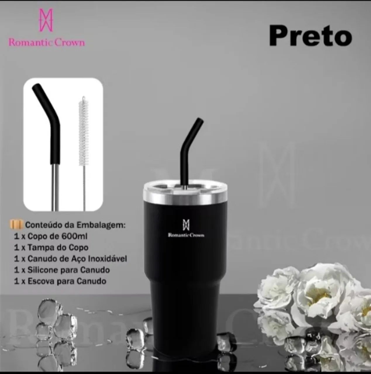Copo Térmico Romantic Crown 600ml com Canudo - Academia e Exercícios - Foto 4