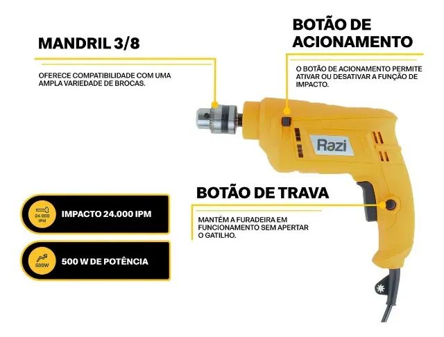 Furadeira De Impacto 3/8 500w - RAZI - Foto 2