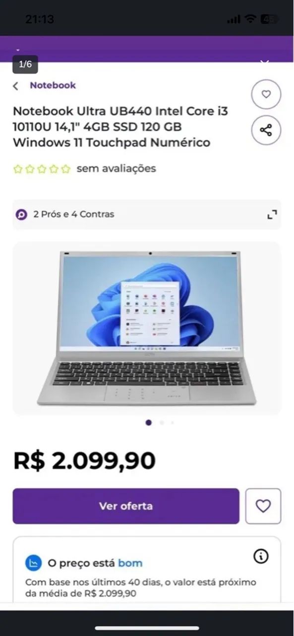 NOTEBOOK ULTRA CORE I3 4G 120GB SSD W11 UB440 TELA 14.1 - Foto 3