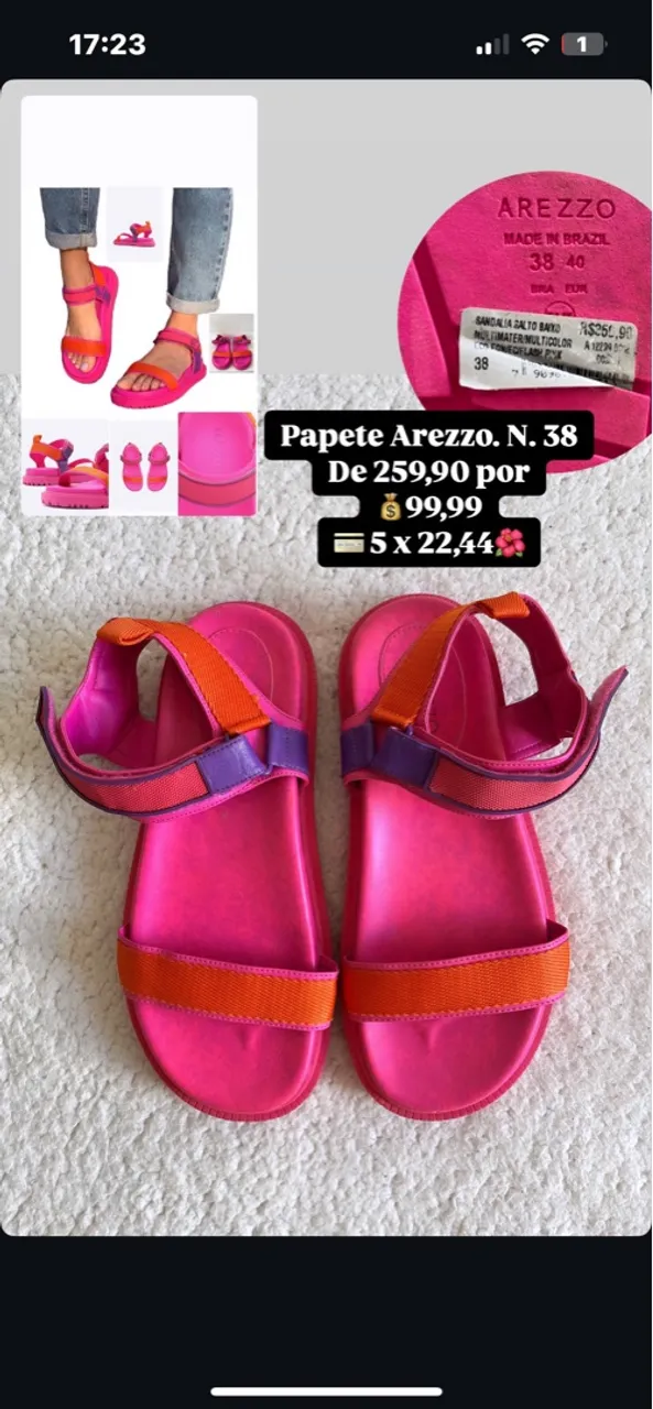 Sandália Papete Arezzo N.38 Rosa com Detalhes em Laranja e Roxo