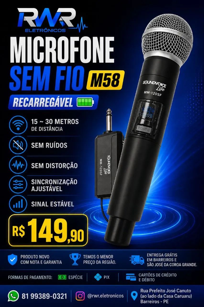 Microfone Sem fio Profissional (RWR SOM) - Foto 2