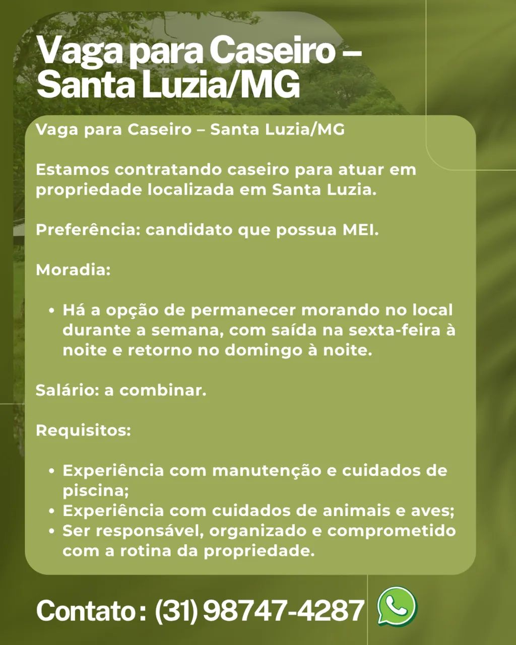 Vaga Caseiro - Santa Luzia MG