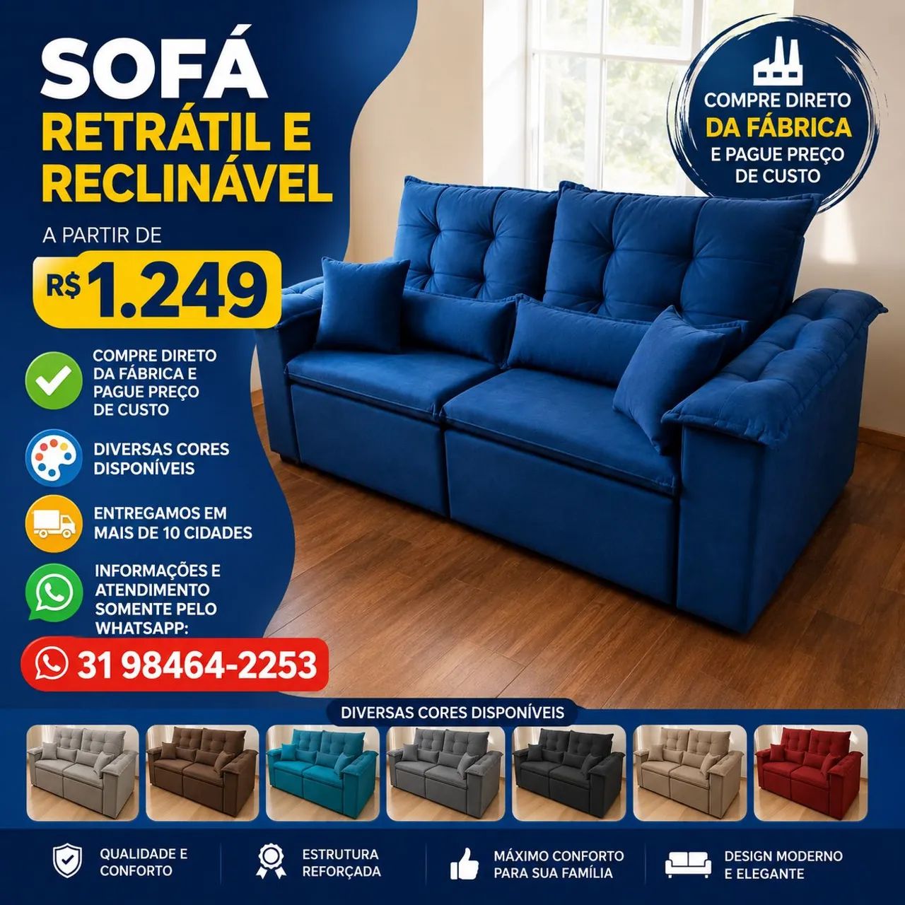 SOFÁ RETRÁTIL E RECLINÁVEL BLUE 