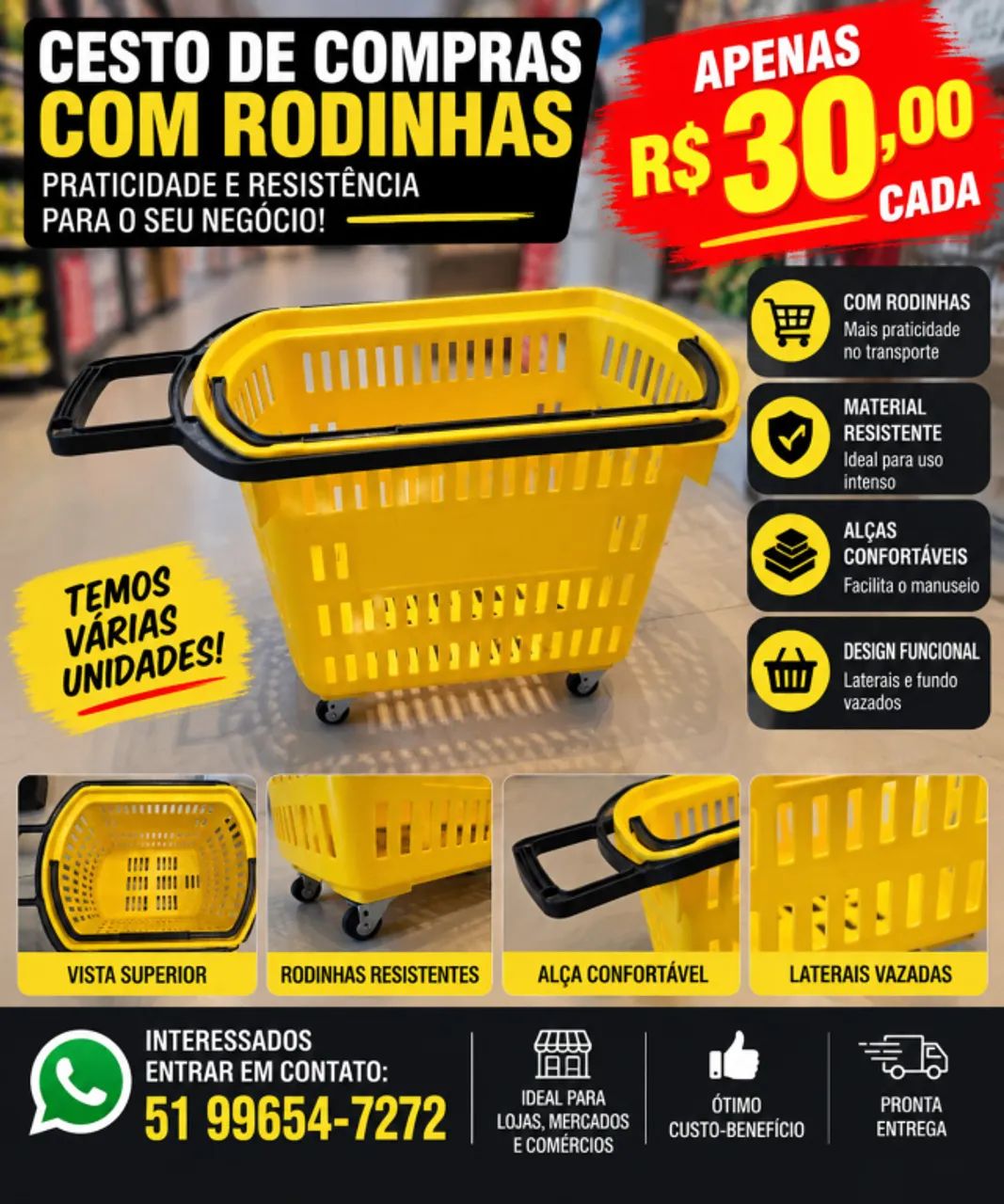 Cesto de Compras com Rodinhas e Alça para Mercado
