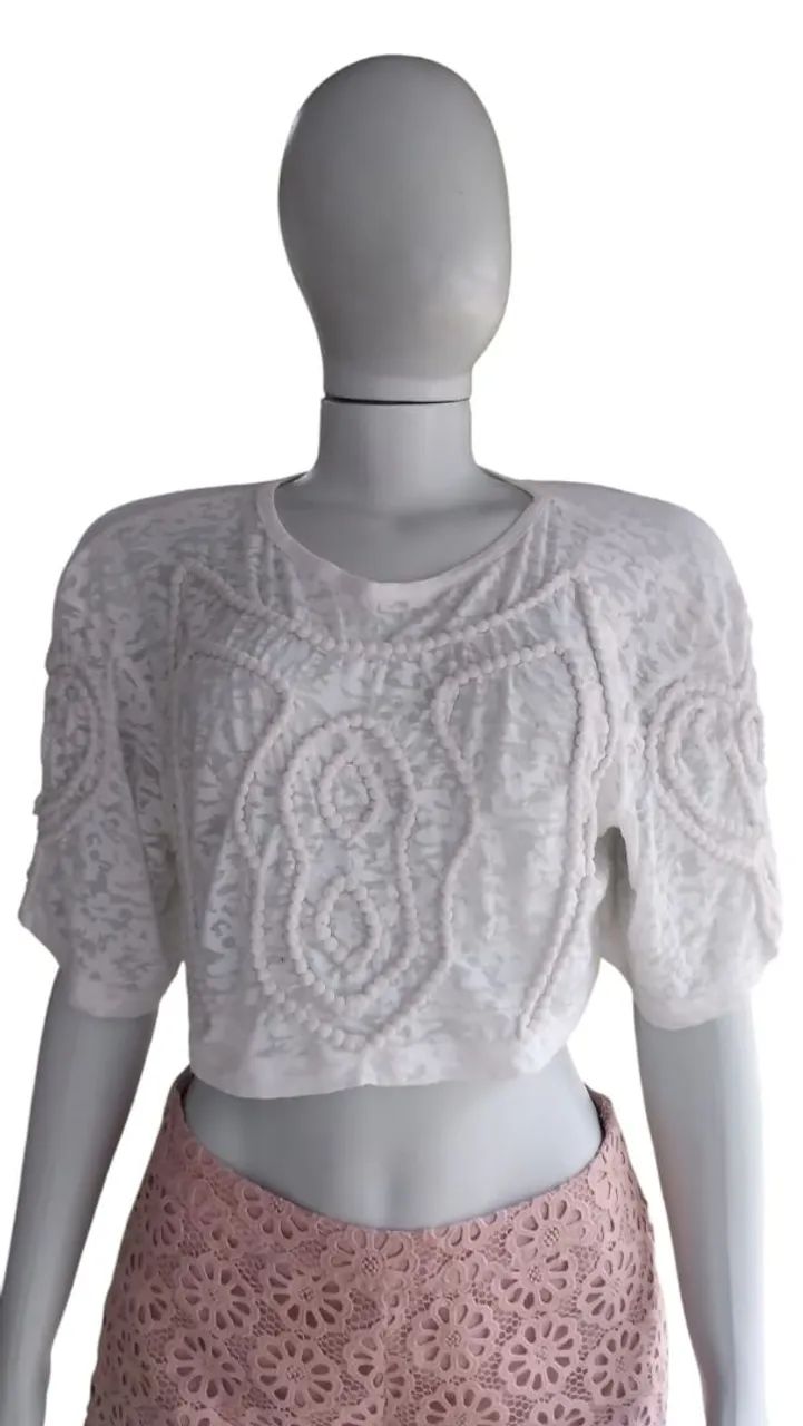 Conjunto Cropped Branco + Shorts Rosa Zara M - Foto 3