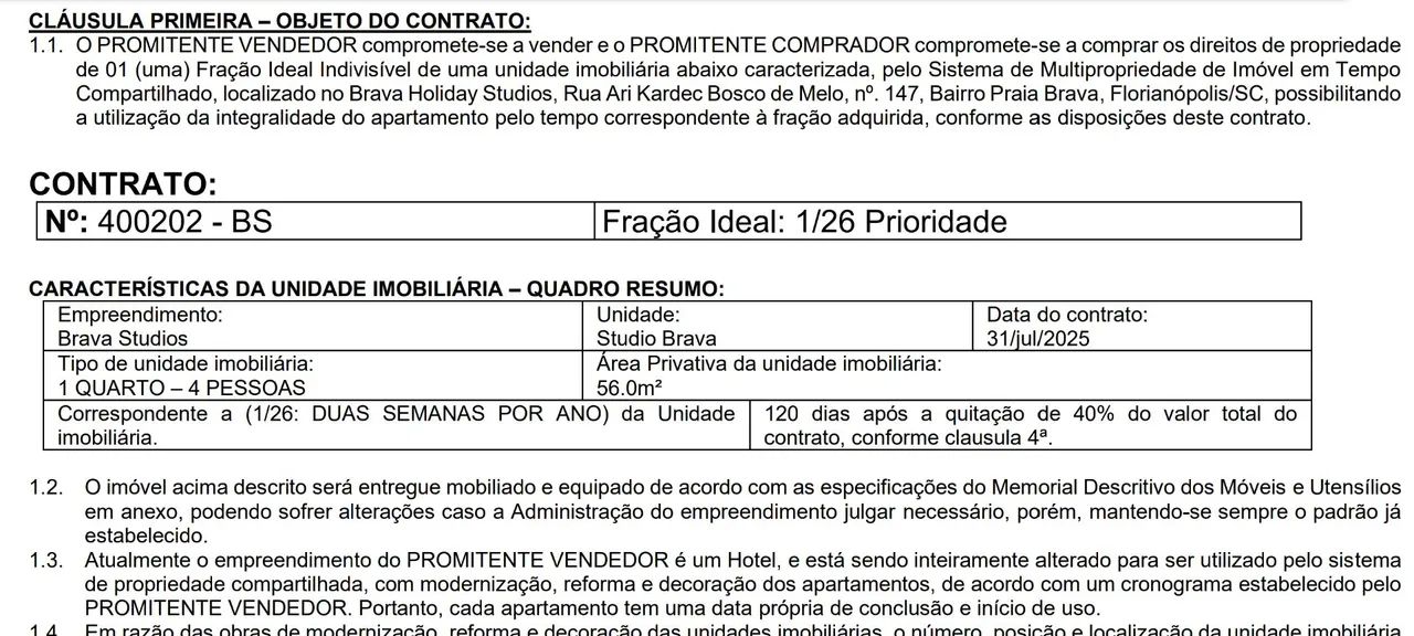Cota de Apto no Brava Studios Resorts, de Florianópolis