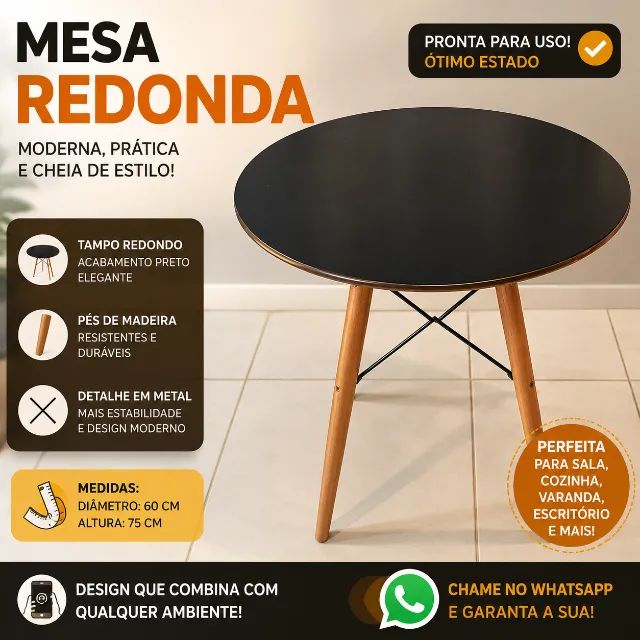 MESA REDONDA PRETA COM BASE CRUZADA EIFFEL