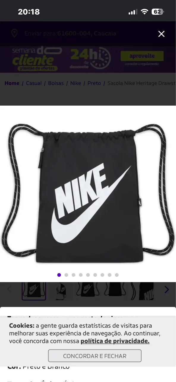 Sacola Nike Heritage Drawstring - Preto+Branco