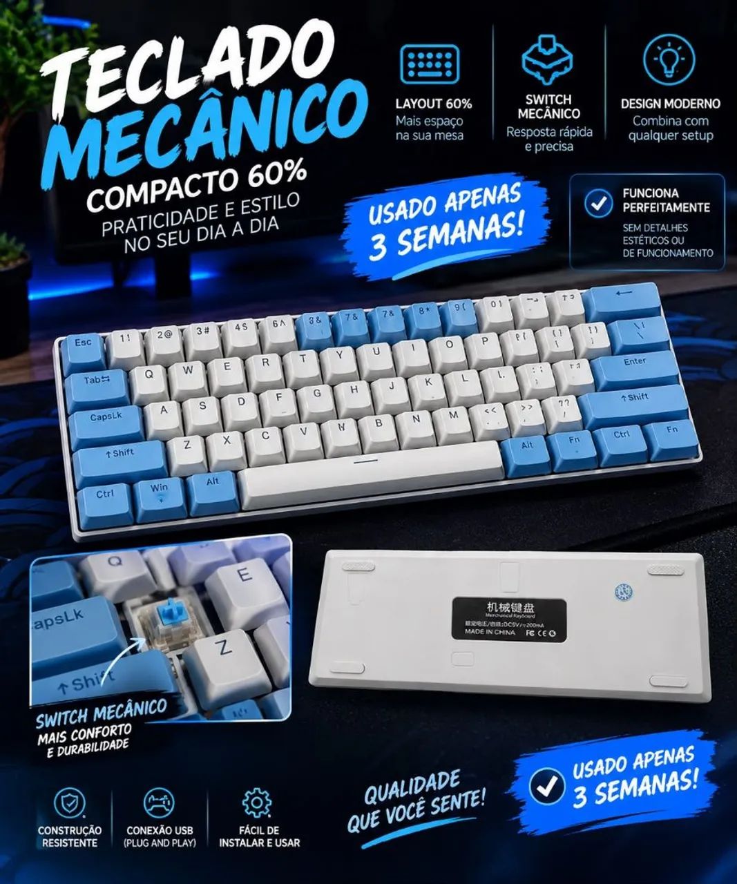 Teclado Mecânico Compacto 60% 