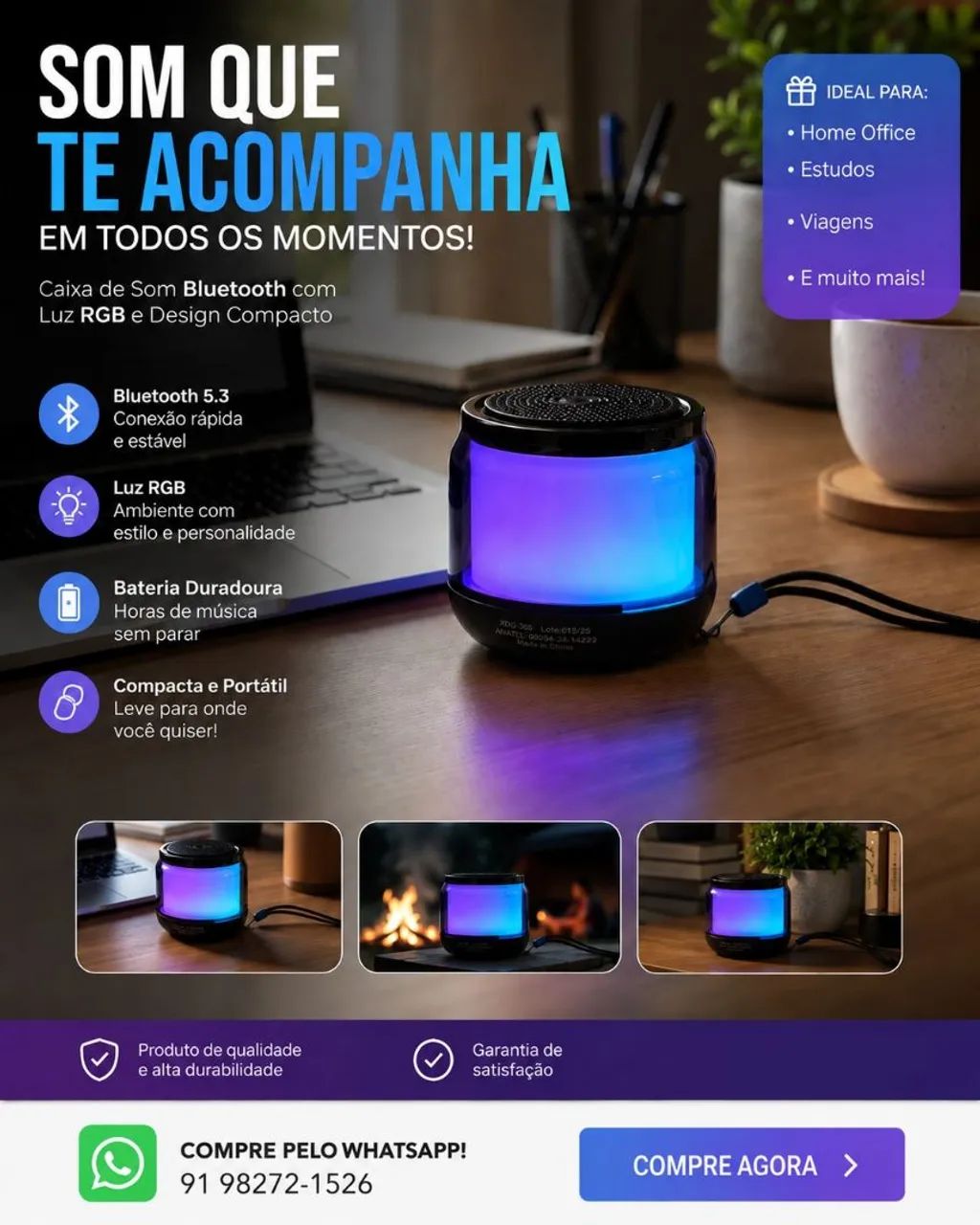 ? Mini Caixa de Som Bluetooth RGB - Compacta e Portátil