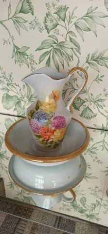 Vaso Jarra com Bacia Porcelana pintado à mão 26cmx47cm Excelente Estado decoração mesa - Foto 4