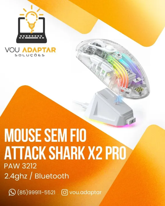 Mouse gamer Rgb Attack Shark Pro X2 jogos sem fio incolor transparente