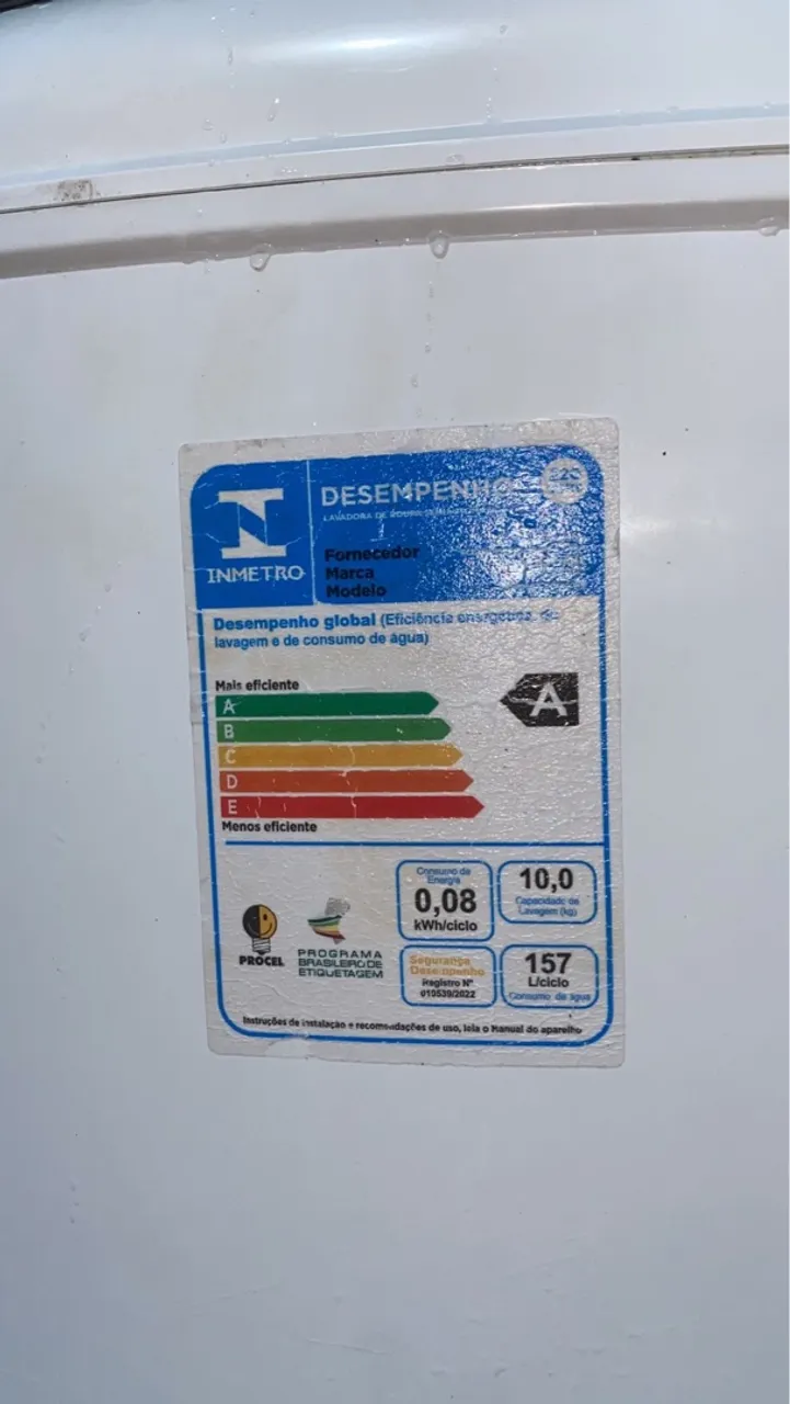 Máquina de Lavar Roupa 10kg - A+ - 0,08kWh/ciclo