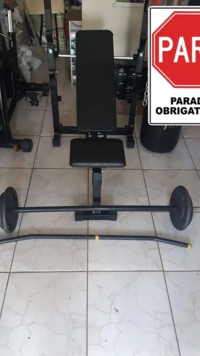 Banco de musculação com barra e barra com anilhas, 