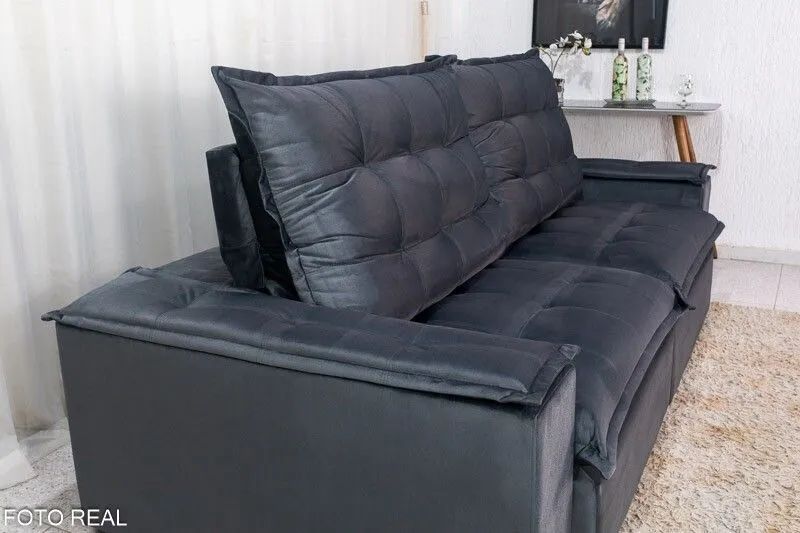 Sofá Retrátil 3 Lugares Molas Ensacadas D33 Veludo Cinza  - Foto 3