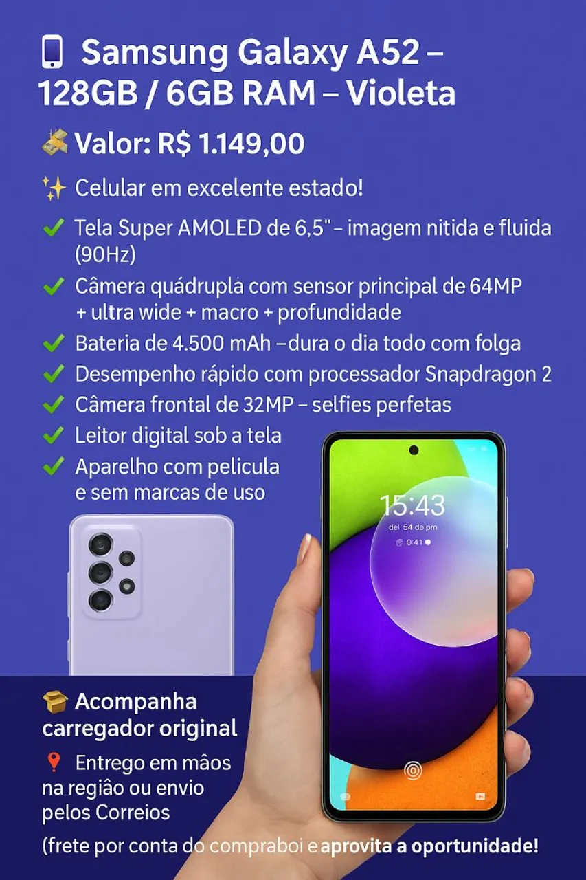 Samsung Galaxy A52 128GB Violeta - Impecável!<br>
