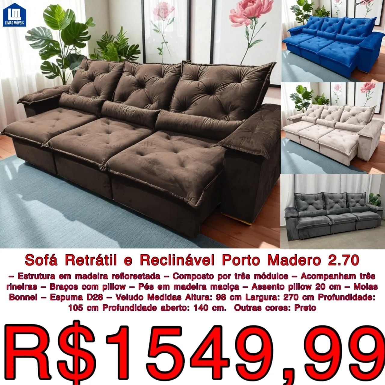 SOFÁ RETRATIL RECLINAVEL PORTO MADEIRO 2,70CM 